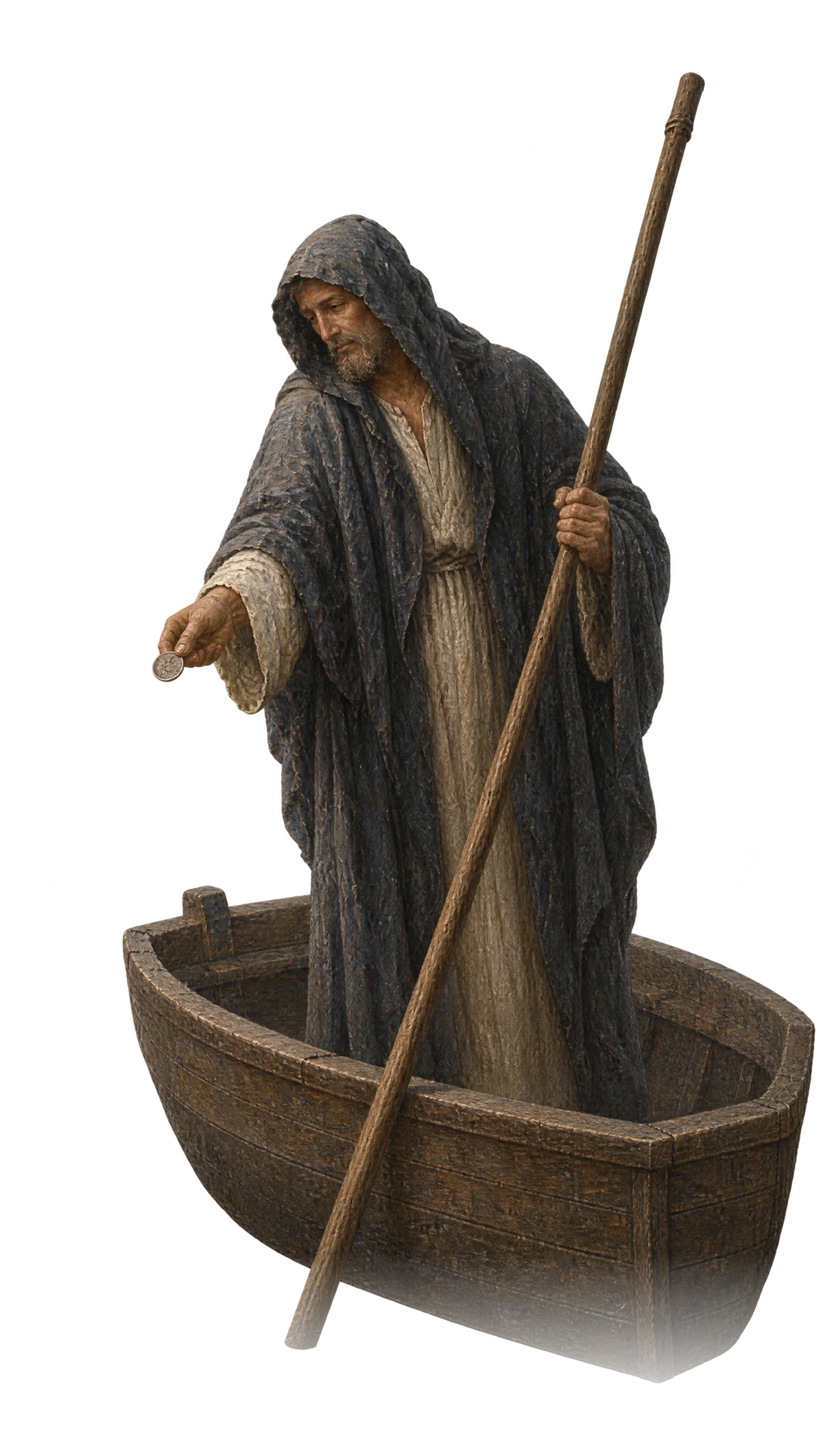 The ferryman in his boat offers the coin back