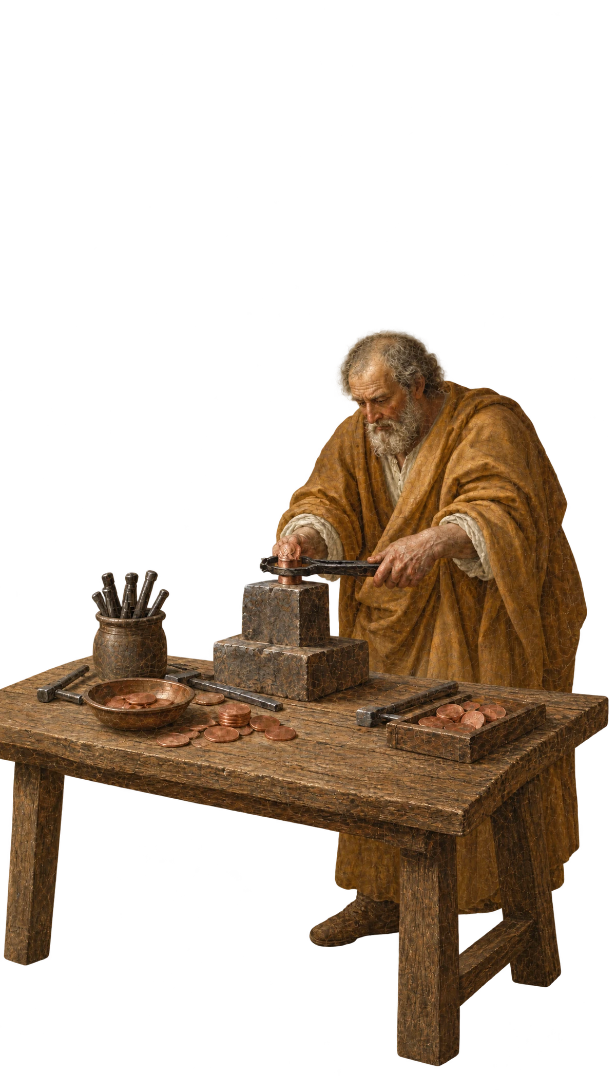 The old master steadies the die on the table